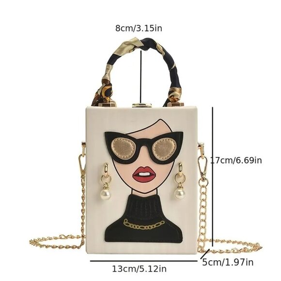 Fashion Lady Face Trendy Box Handbag for Women w/Pearl Earrings, Scarf Handle - Picture 14 of 16